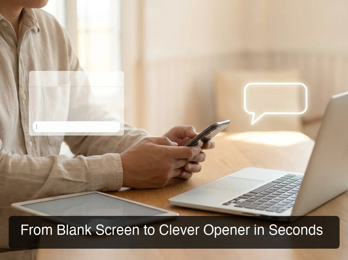 AI dating message generation: blank message input on left transforming to clever opener on the right, clean minimal split-screen