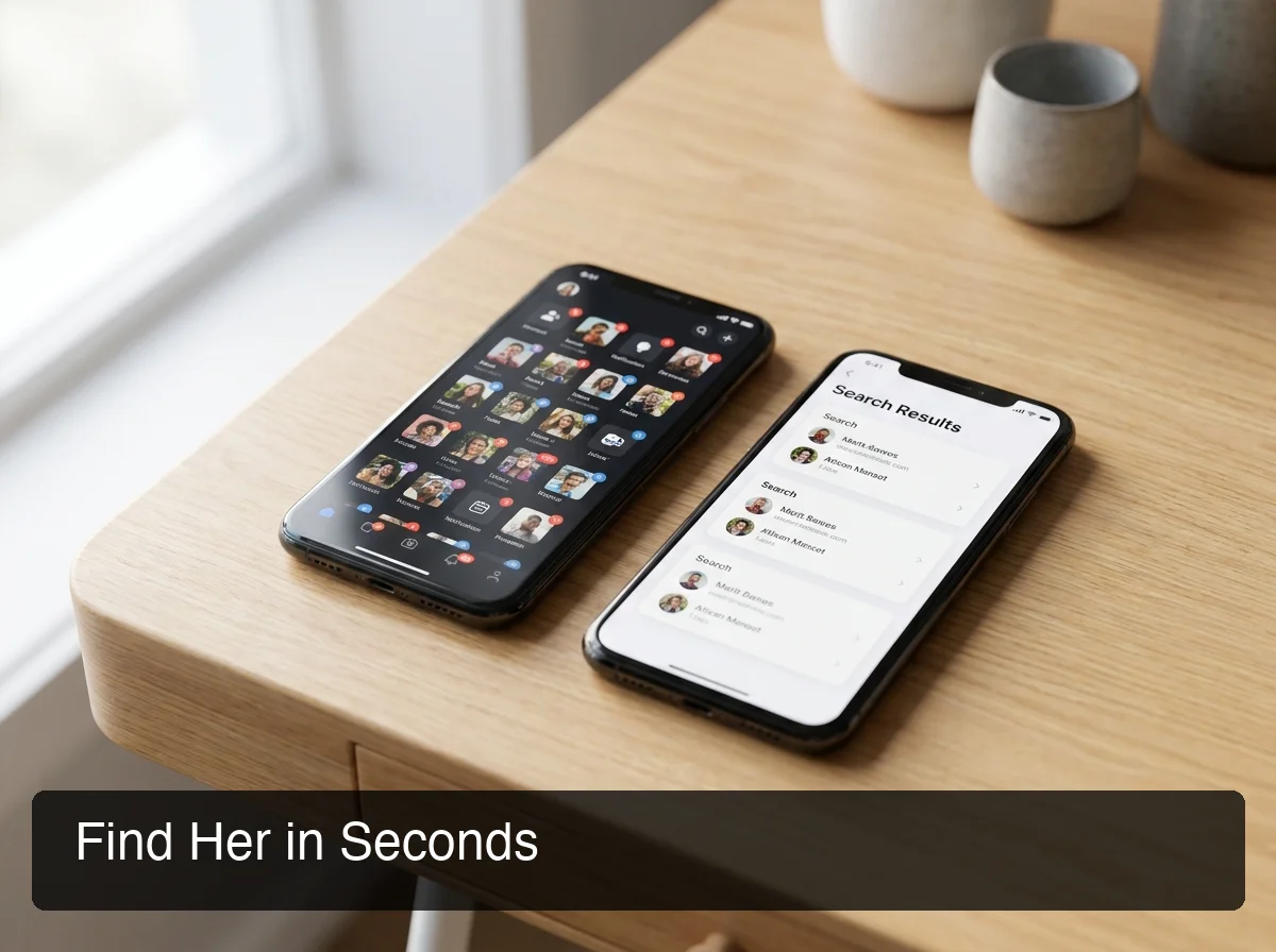 SLIDD AI find someone on tinder — split view comparison of swiping through a cluttered match queue versus using tight Discovery filters to find a specific profile