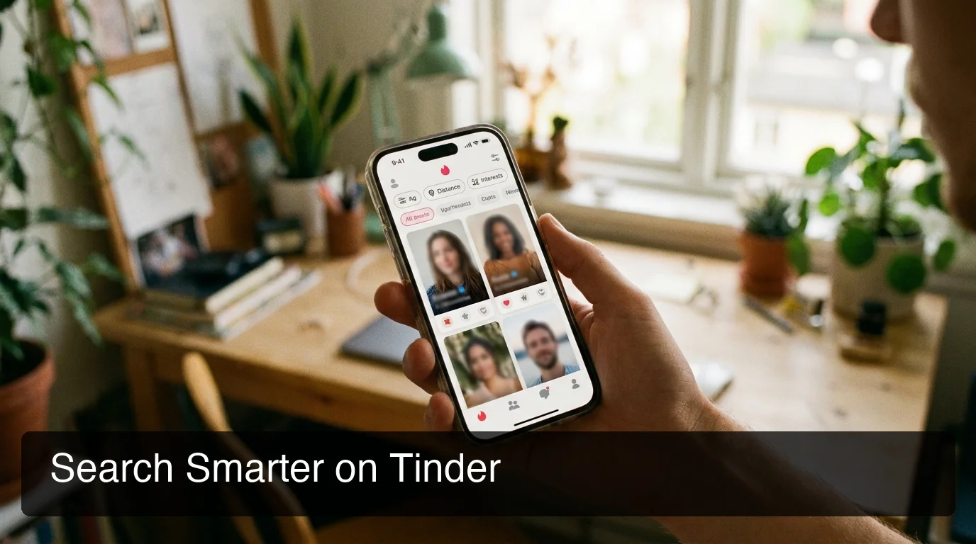 search tinder by name — smartphone showing Tinder app Explore tab and discovery filter settings with location and age controls