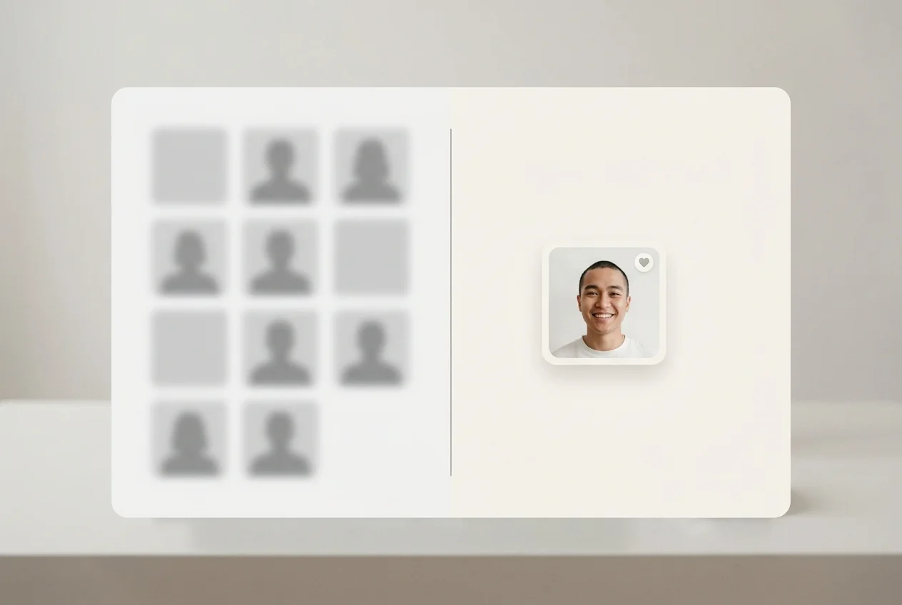 Split-screen graphic contrasting a blurred grid of tinder secret admirer likes with a single revealed profile