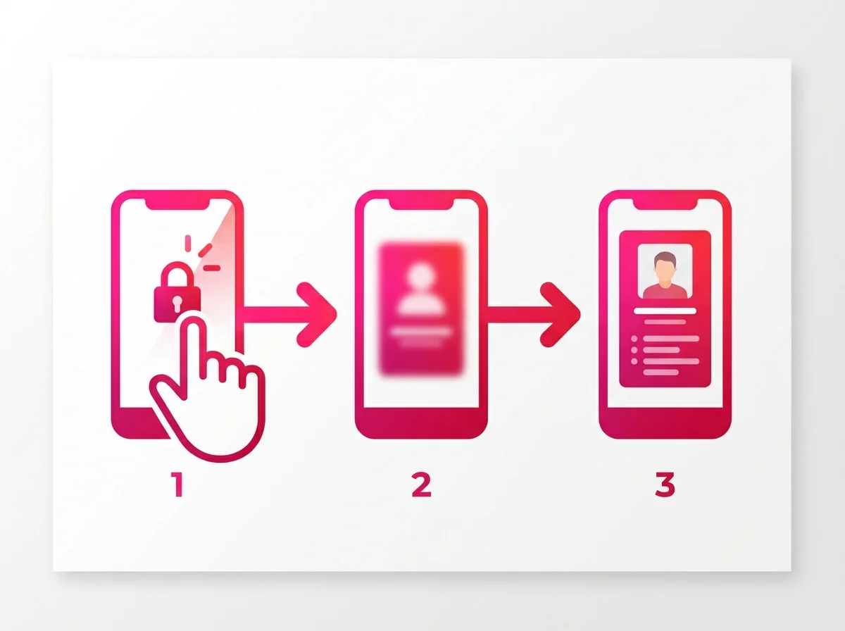 Illustrated three-step workflow showing how to use secret admirer tinder from unlock to profile reveal