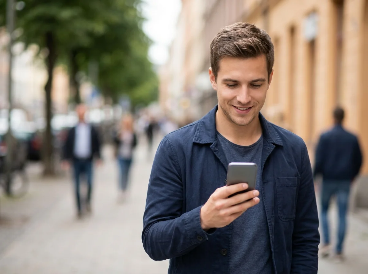 Confident guy checking his phone outdoors, weighing SLIDD AI over tinder likes blurred notifications