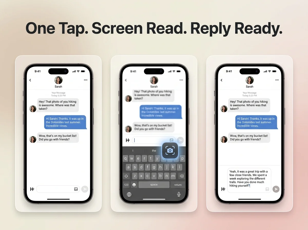 SLIDD AI app workflow showing a Hinge conversation, the screen-reading keyboard, and a generated reply appearing in the message field