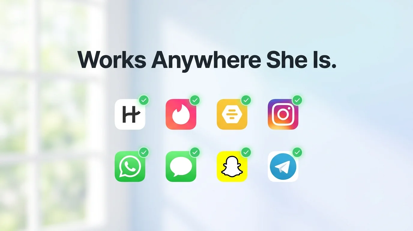 Grid of eight app icons — Hinge, Tinder, Bumble, Instagram, WhatsApp, iMessage, Snapchat, and Telegram — each marked with a green checkmark