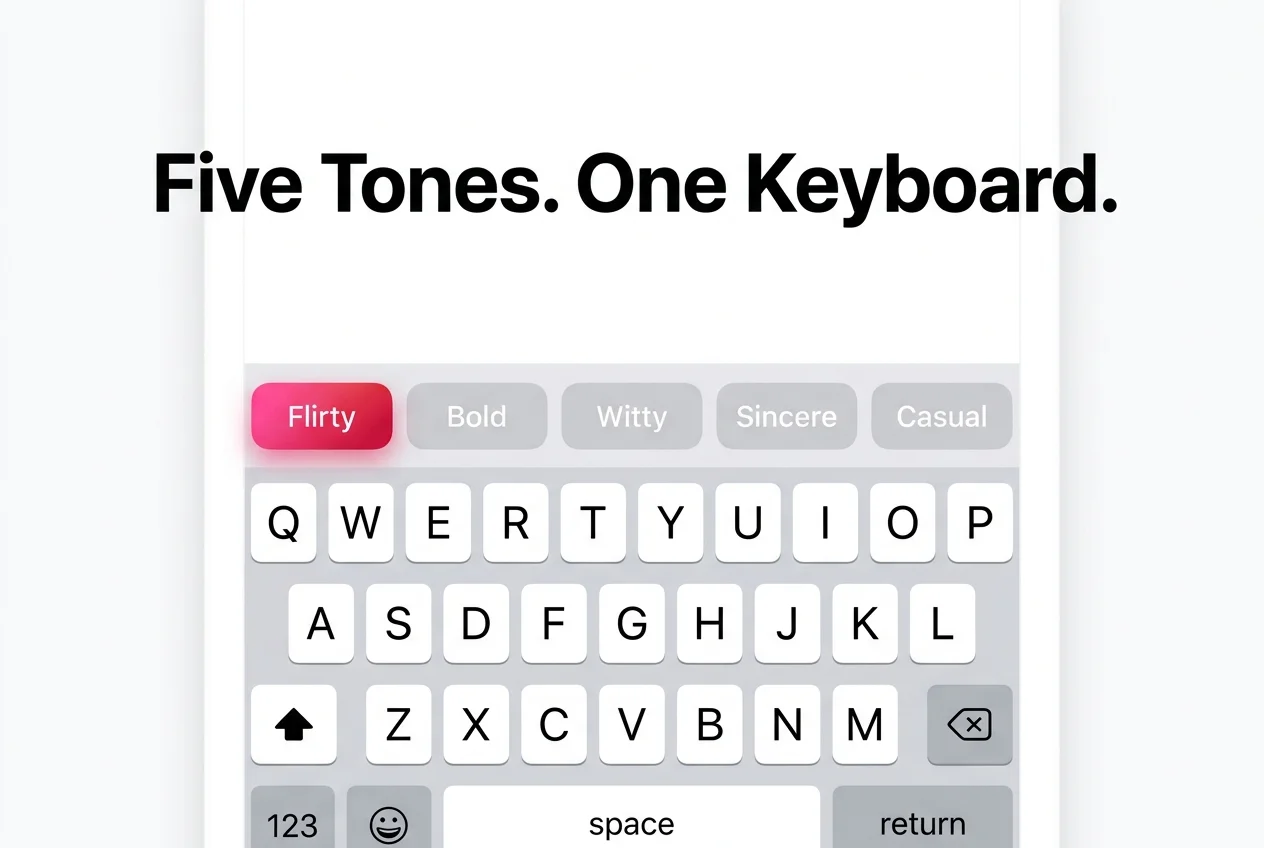 SLIDD AI keyboard tone selector showing Flirty, Bold, Witty, Sincere, and Casual reply options with Flirty highlighted