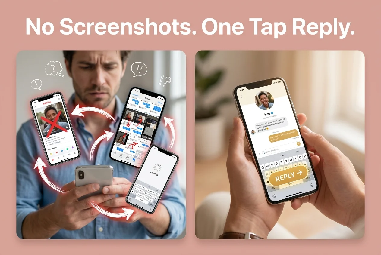 SLIDD AI keyboard workflow comparison showing the one-tap reply flow next to the screenshot-and-upload method competitors use