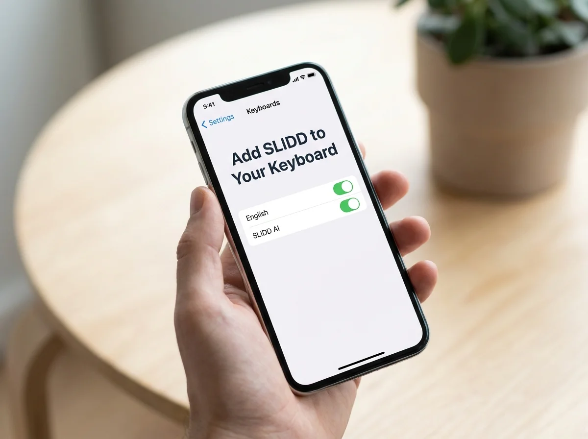 How to install SLIDD AI in iOS Settings, showing the keyboard added under Settings > Keyboards