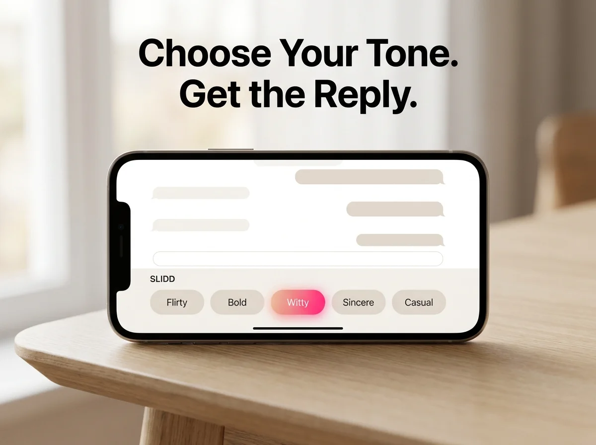 SLIDD AI app tone selector showing Flirty, Bold, Witty, Sincere, and Casual reply buttons above a dating app conversation