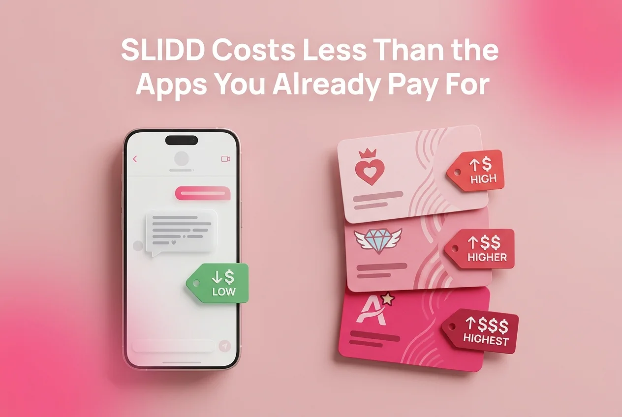 Cost comparison showing SLIDD AI pricing next to Hinge Boost, Tinder Gold, and Bumble Premium subscription costs