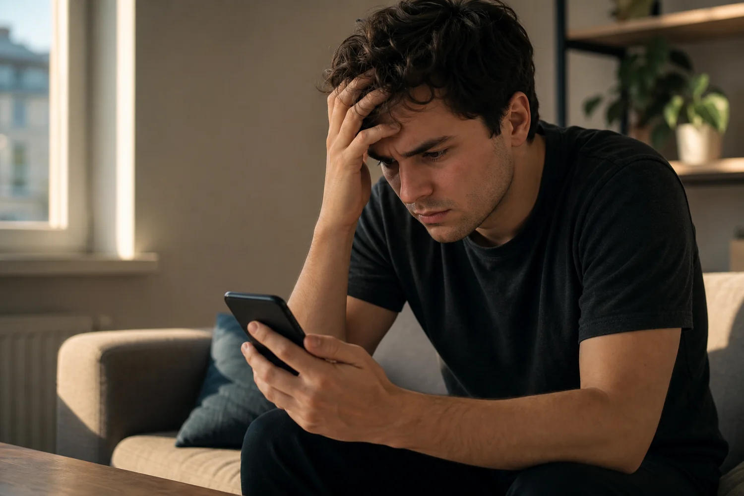 Frustrated guy staring at an unanswered chat, a common mistake when learning how to text a girl first