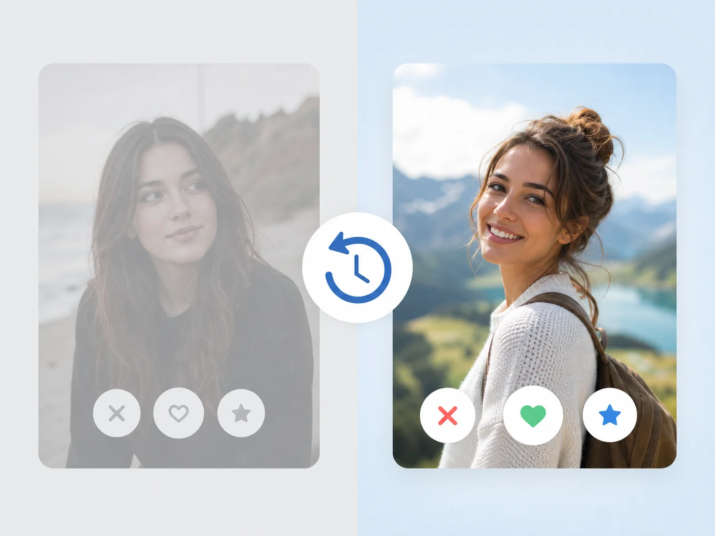 SLIDD AI split-screen graphic showing the tinder rewind feature next to a grayed-out passed profile card
