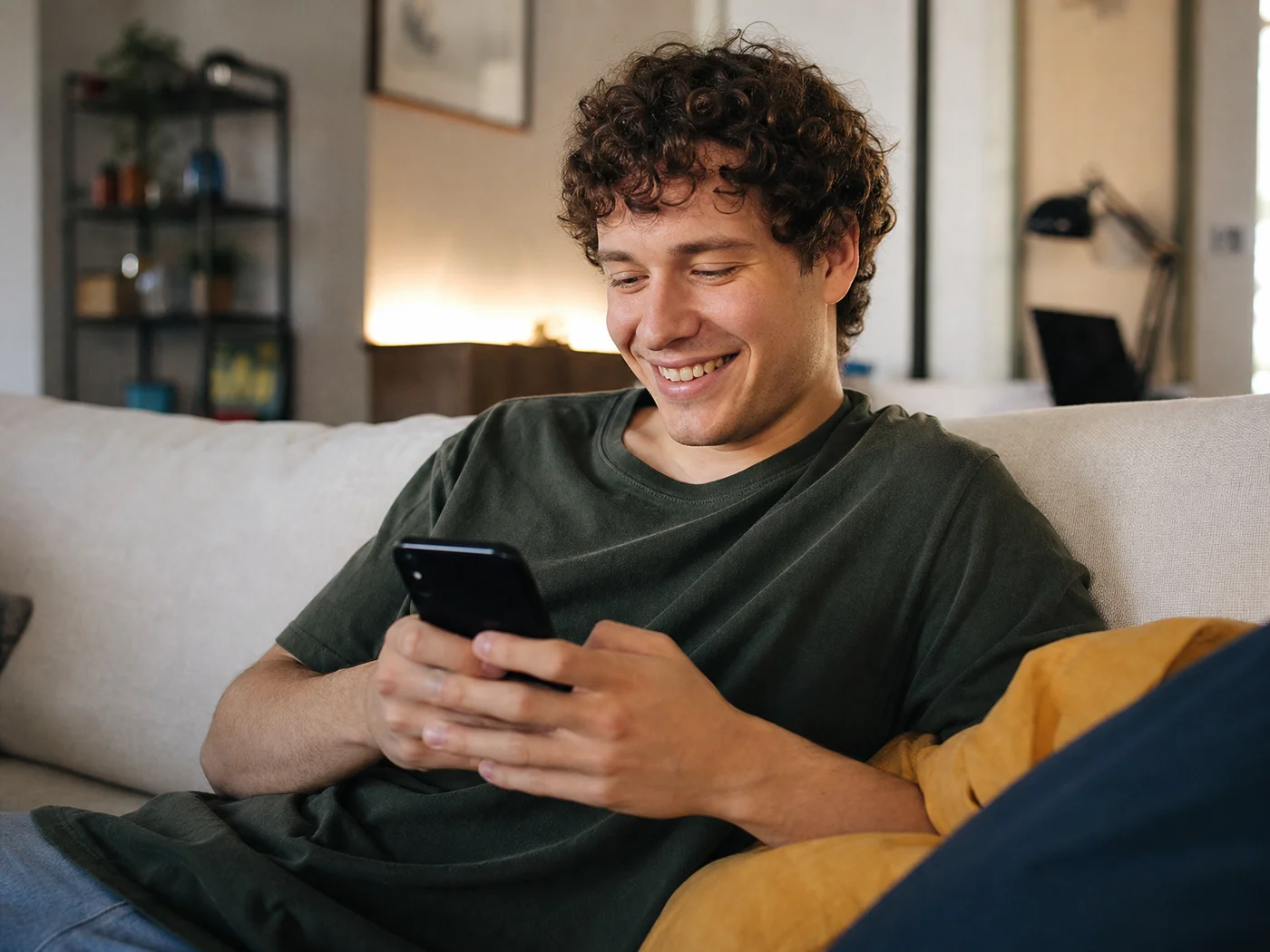 tinder bio examples with a flirty tone: a guy smiling at his phone on a sofa