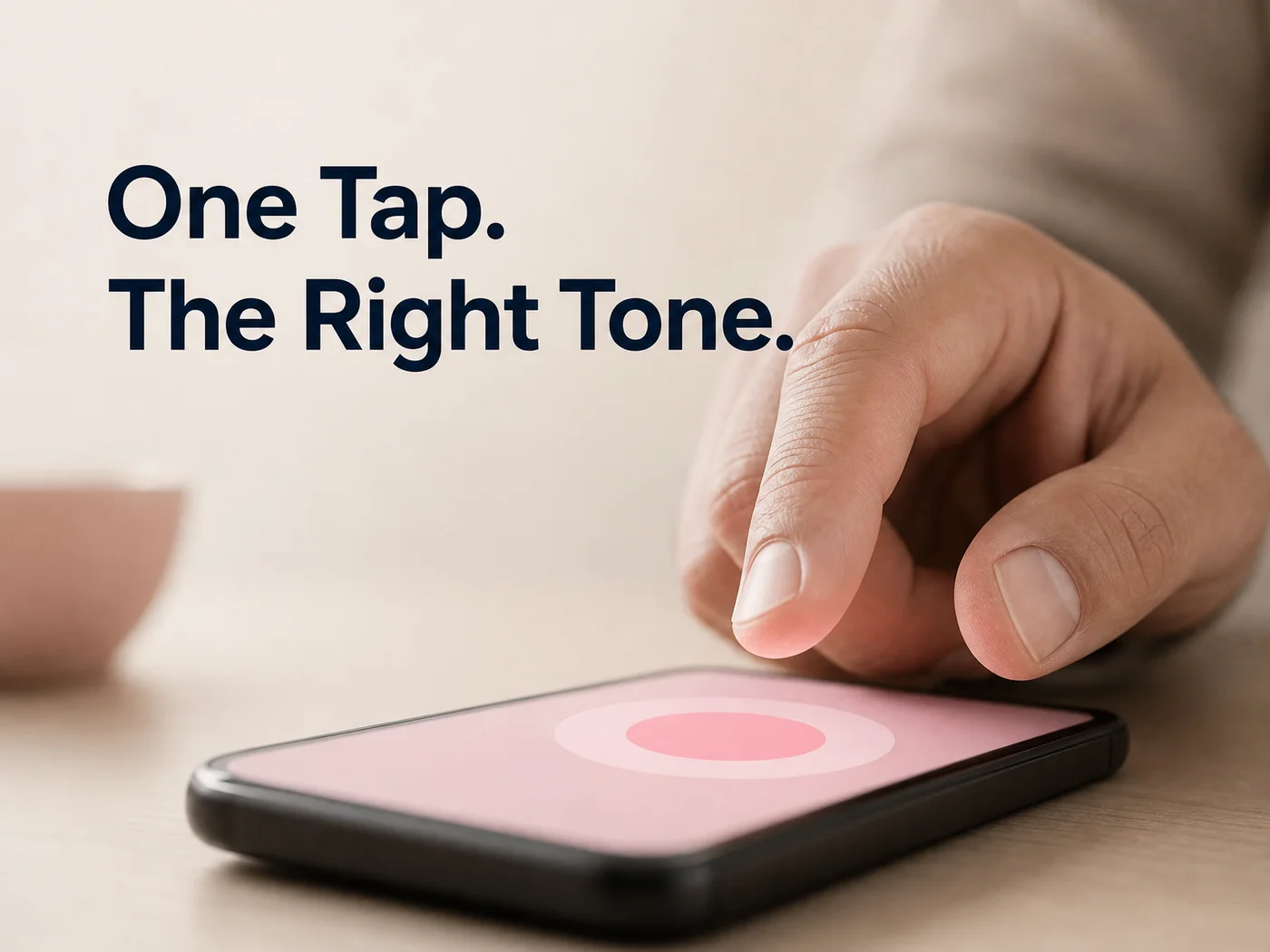 SLIDD AI keyboard tone selection: a thumb about to tap on a pink phone screen