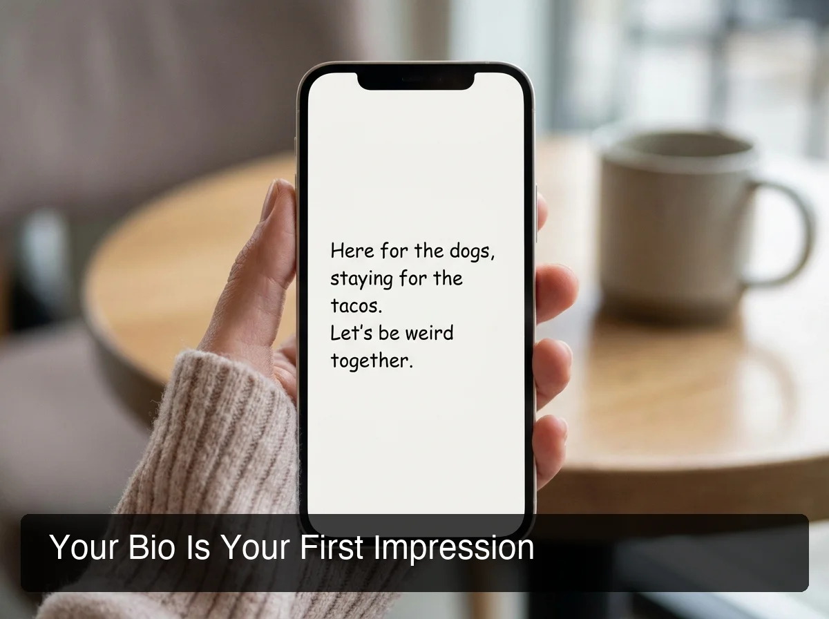 Tinder bio writing — phone screen close-up showing a personality-forward bio section with specific, readable text