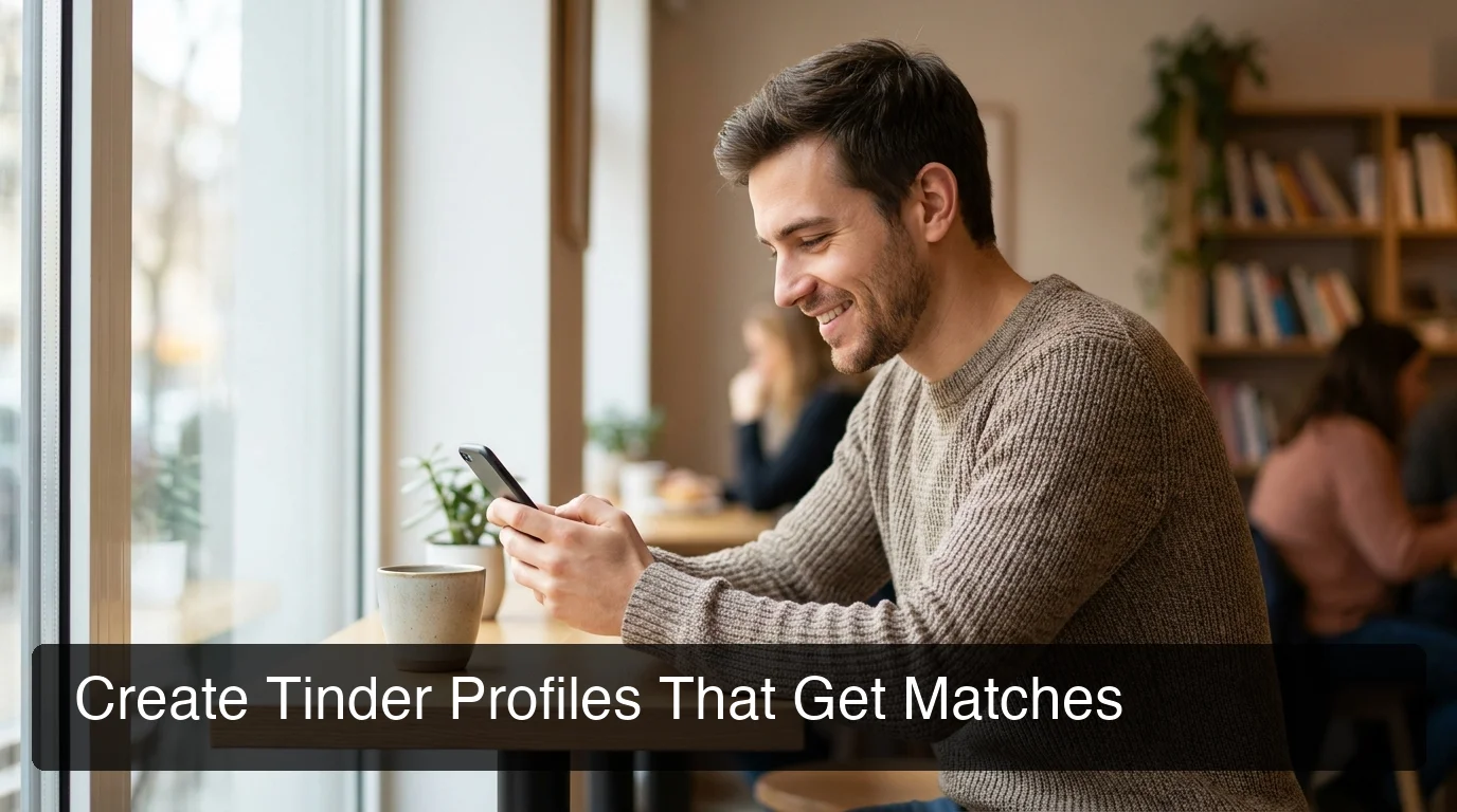 tinder profiles examples — confident guy swiping on Tinder at a cafe showing a well-optimized dating profile card