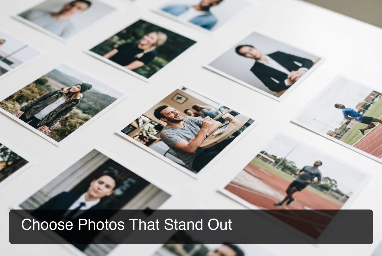 Tinder profile photo selection showing a variety of profile images including candid, formal, and active shots on a light background