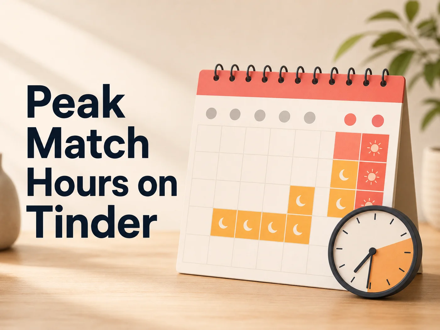 Tinder swipe surge timing shown on a calendar and clock highlighting evening and weekend windows