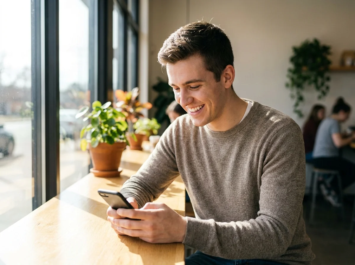 Guy smiling at his phone in a coffee shop after sending a funny Tinder message