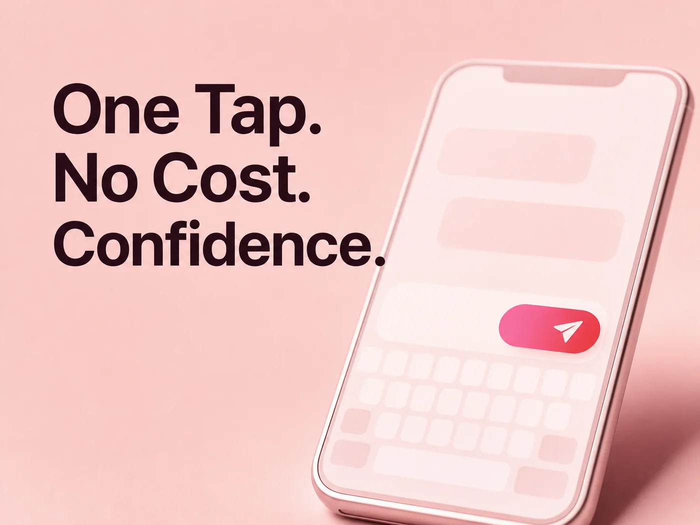 Impressionistic phone mockup showing a keyboard reply interface in blush pink and hot pink brand colors