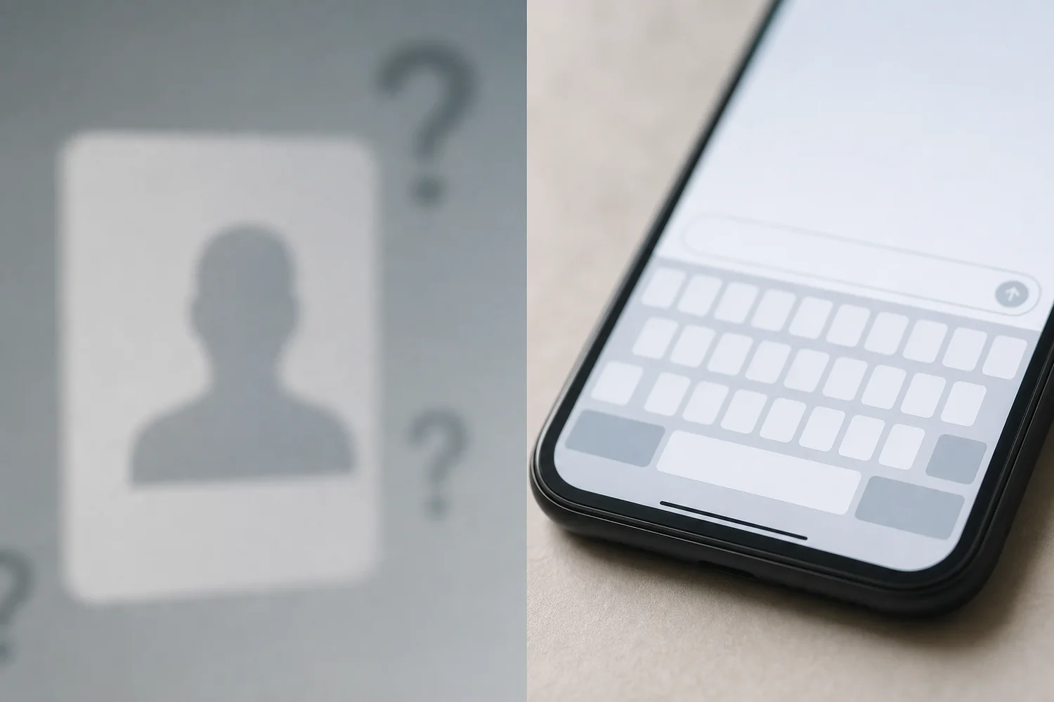 Split-screen graphic contrasting a blurred profile card on the left with a messaging keyboard interface on the right